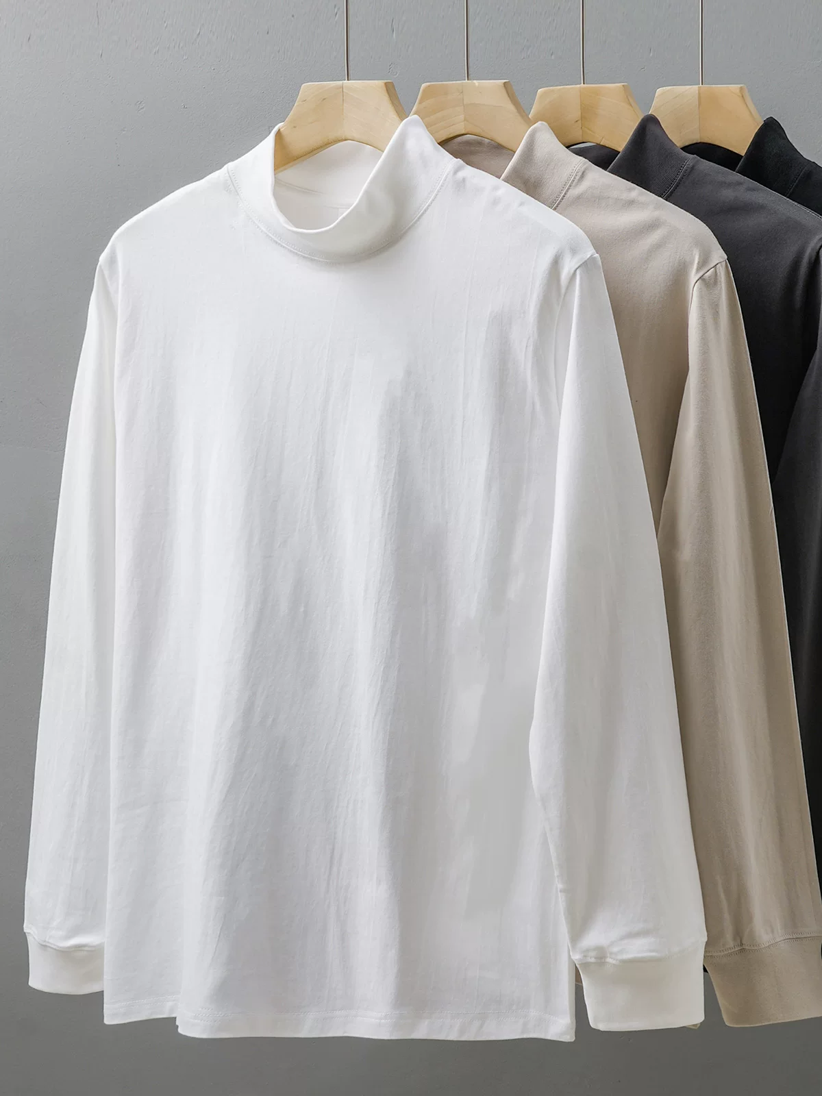 Áo thun cổ cao nửa cổ bằng cotton nguyên chất hạng nặng 270G dành cho nam, áo len dài tay cổ trung mùa thu đông, áo sơ mi lớp nền màu trơn rộng rãi
