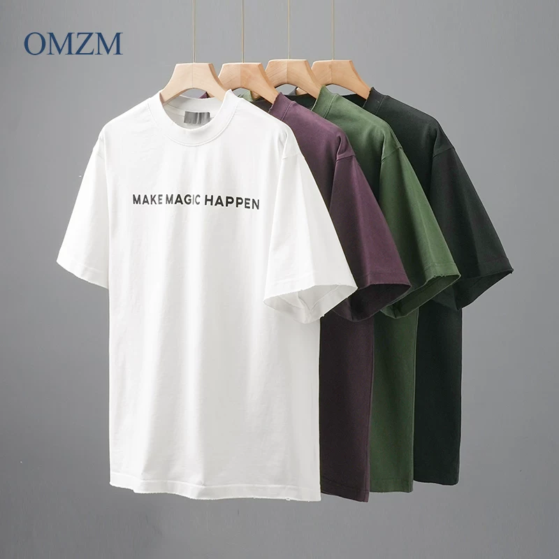 Áo thun nam tay ngắn chất cotton nguyên chất hạng nặng OMZM320G, áo thun in chữ mùa hè, tay lửng rộng rãi dành cho thanh thiếu niên