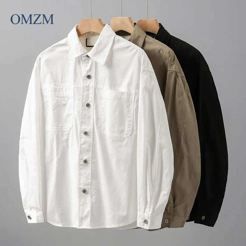 Áo sơ mi công sở bằng cotton nguyên chất kiểu Mỹ OMZM dành cho nam, áo sơ mi trắng màu trơn mùa xuân thu, áo khoác dài tay cổ bẻ dáng rộng thông thường