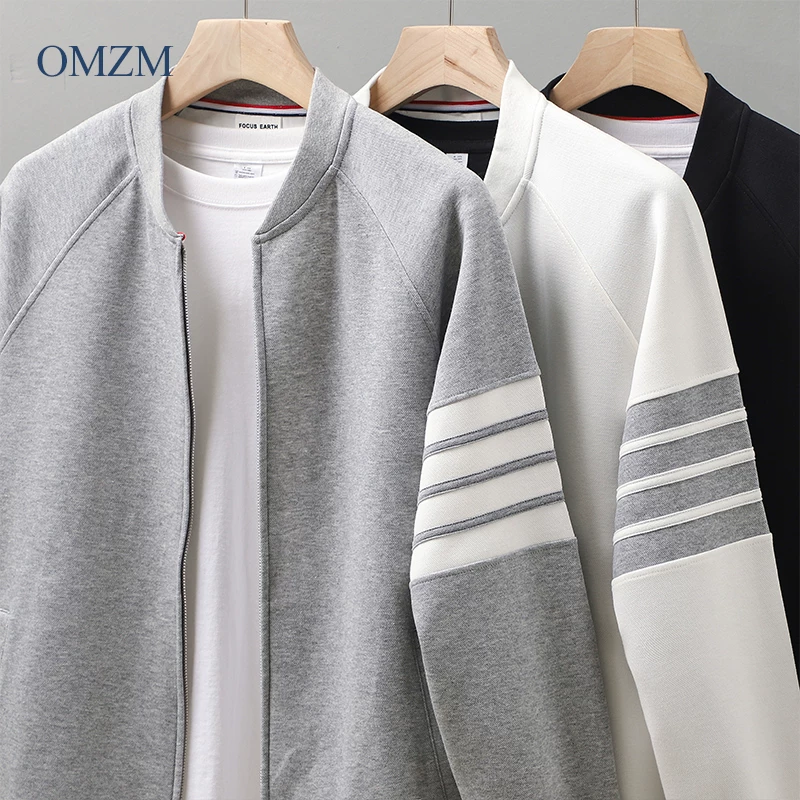 Áo khoác cardigan nam kiểu Mỹ, mùa xuân thu 2025, dáng rộng, cổ đứng, kiểu áo khoác bóng chày có bốn sọc, áo thể thao.