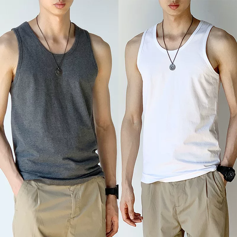 Áo vest cotton kiểu Mỹ dành cho nam, mẫu mới hè 2025, kiểu dáng rộng rãi, không tay, áo lót thể thao, áo thun không tay màu trơn.