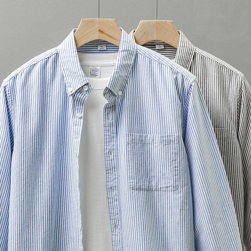 Áo sơ mi dài tay sọc dày dặn kiểu Mỹ dành cho nam, dáng rộng, cổ bẻ, áo lót, cảm giác cao cấp, áo lót thông thường.