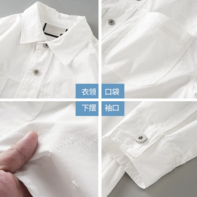 Áo sơ mi công sở bằng cotton nguyên chất kiểu Mỹ OMZM dành cho nam, áo sơ mi trắng màu trơn mùa xuân thu, áo khoác dài tay cổ bẻ dáng rộng thông thường