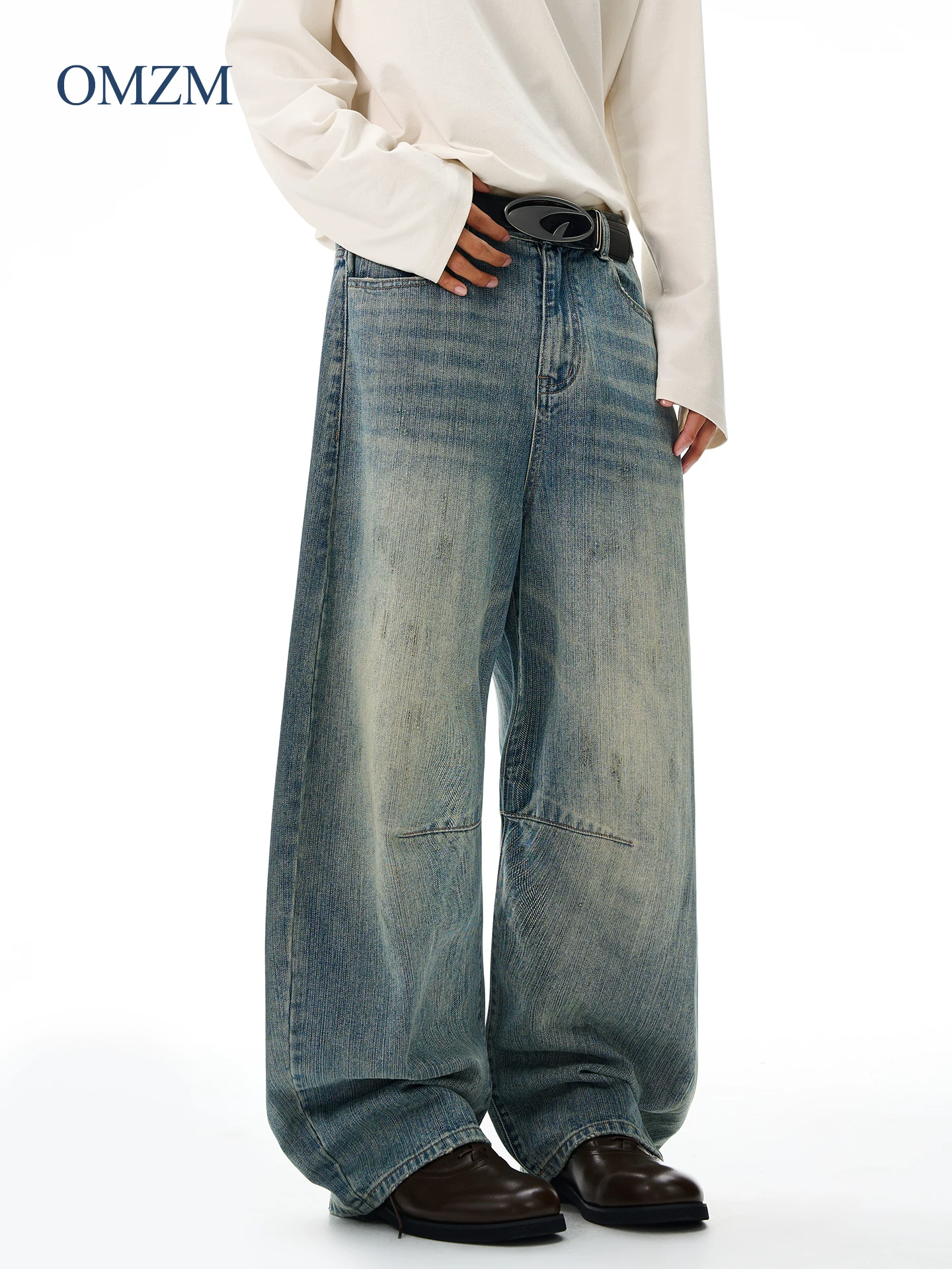 Quần jean nam OMZM retro giặt mài, kiểu dáng mùa đông, chất liệu kaki, dáng rộng, ống thẳng, phong cách Mỹ, phối vải, kiểu dáng quần lửng.