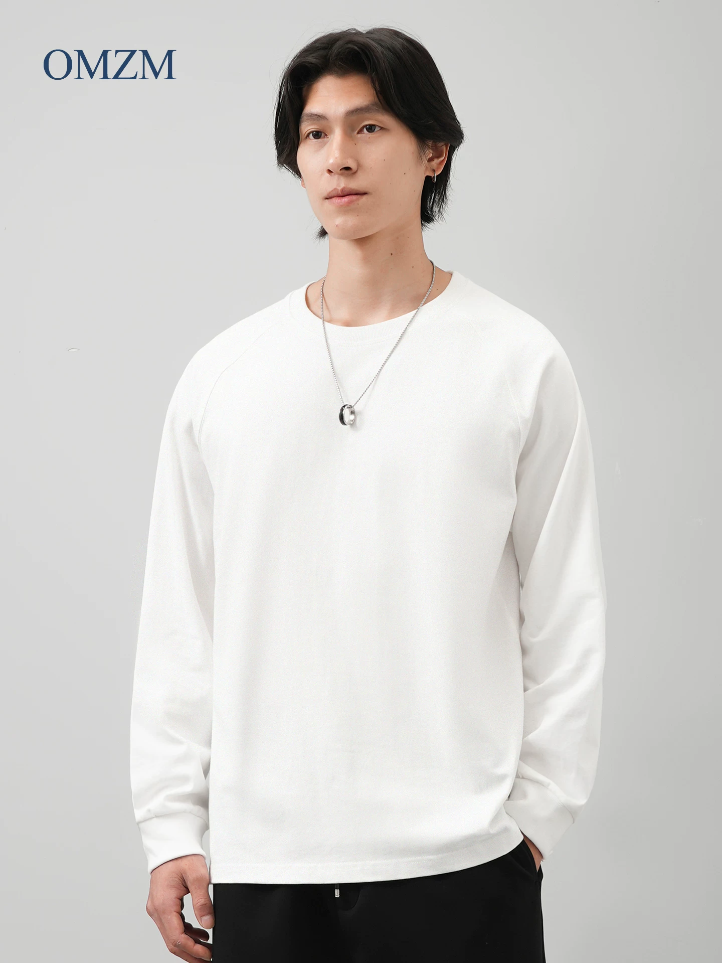 Áo thun dài tay bằng cotton nguyên chất hạng nặng OMZM400G dành cho nam, lớp nền màu trắng mùa thu, áo lót màu trơn dành cho giới trẻ.