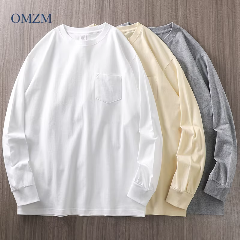 Áo thun bỏ túi hạng nặng OMZM300G dành cho nam, dài tay, thu đông, cotton nguyên chất, áo sơ mi màu trắng trơn, cổ tròn, áo nỉ Trung Sơn.