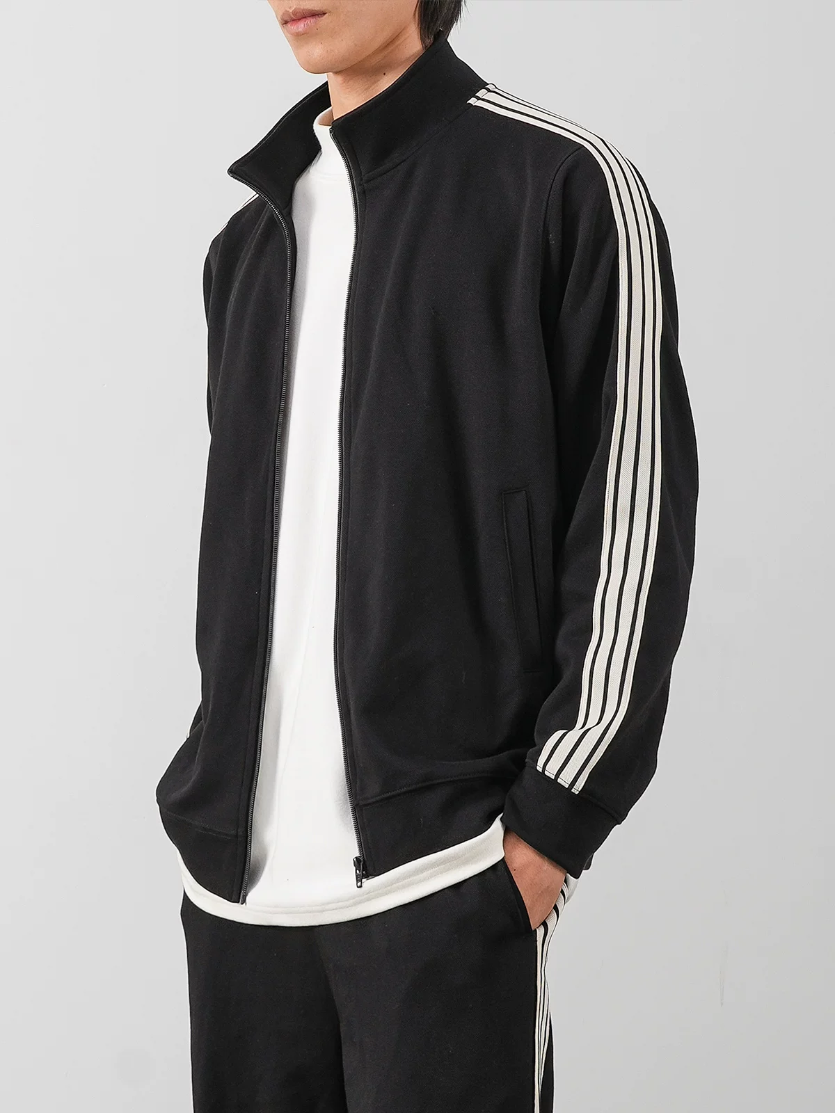 Bộ đồ thể thao bằng vải cotton pique kiểu Mỹ của OMZM dành cho nam, áo len cardigan sọc mùa thu đông, áo khoác thể thao dáng rộng, giản dị