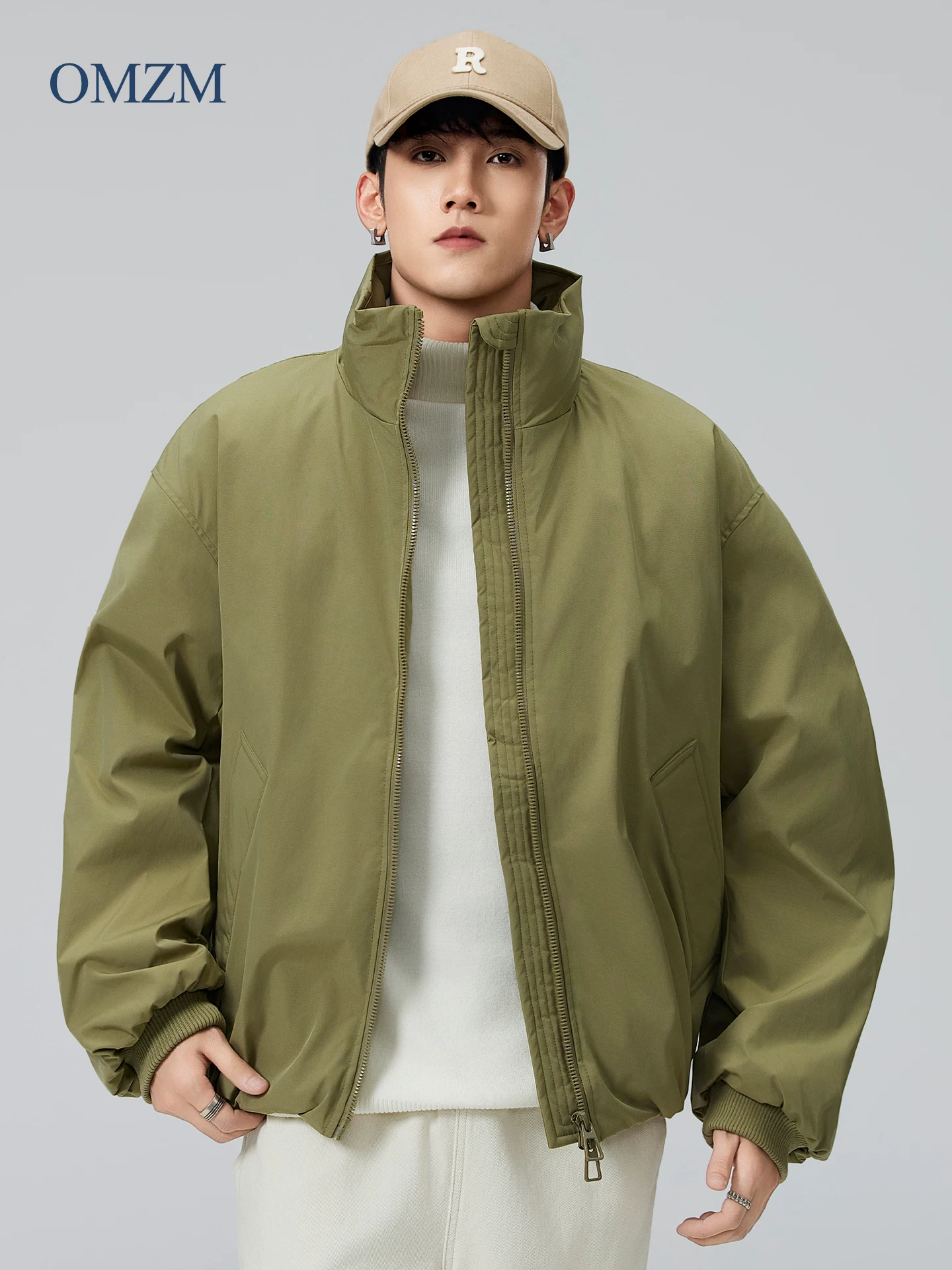 Áo khoác cotton ngắn cổ đứng OMZM dành cho nam, áo khoác phi công dày dặn mùa đông, áo khoác huấn luyện viên kiểu dáng sạch sẽ kiểu Mỹ, áo khoác cotton.