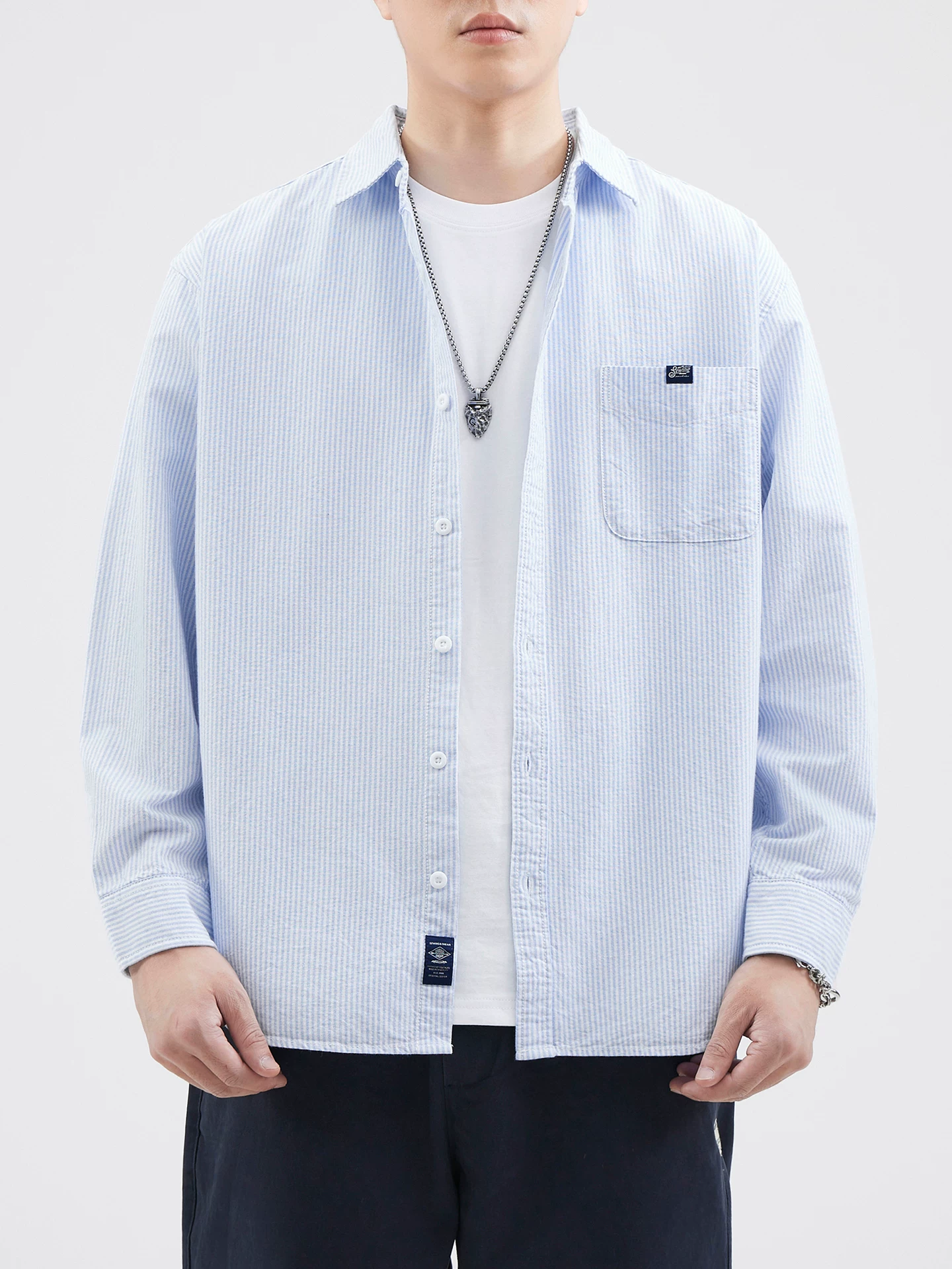 Áo sơ mi sọc cotton nguyên chất hạng nặng OMZM dành cho nam, dài tay, mùa thu, cổ điển Nhật Bản, áo khoác sơ mi công sở rộng rãi dành cho thanh thiếu niên.