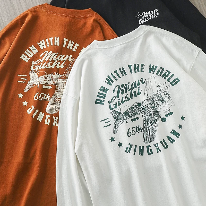OMZM Áo thun dài tay hạng nặng 400g phong cách Mỹ dành cho nam, áo sơ mi cotton nguyên chất in thương hiệu hợp thời trang mùa xuân thu, áo len cổ tròn màu trắng