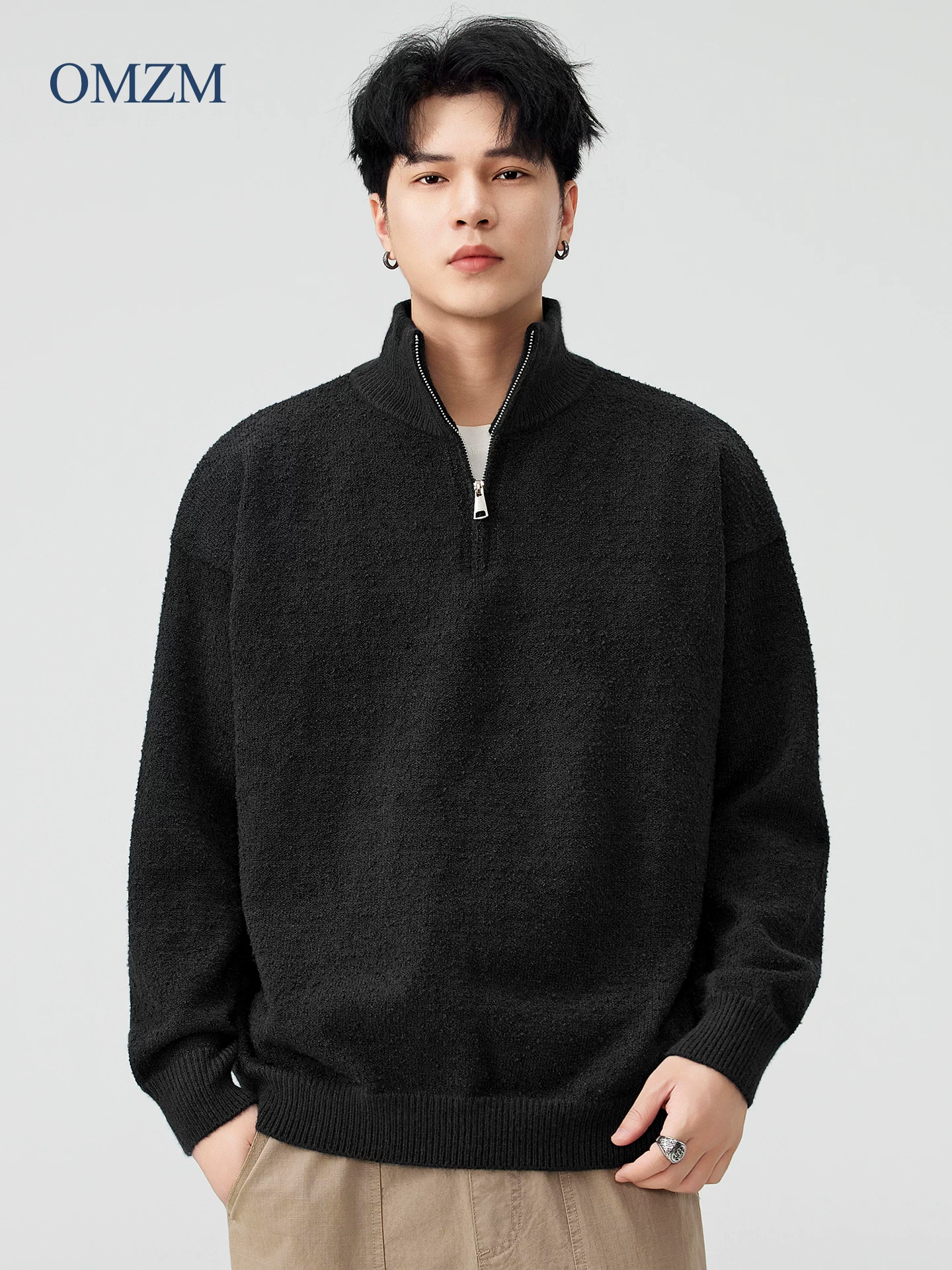 Áo len dệt kim nửa khóa kéo OMZM dành cho nam, lớp bên trong dày dặn ấm áp mùa đông, áo khoác cổ đứng cổ điển đơn giản