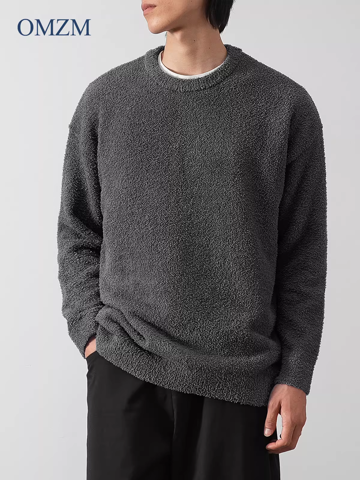 Áo len cổ tròn hai mặt cực mềm OMZM dành cho nam, áo len dệt kim màu trơn dày dặn mới mùa thu đông 2023