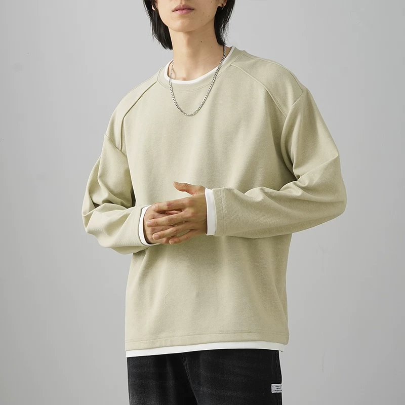 Áo thun dài tay giả hai mảnh kiểu Mỹ 320G dành cho nam, áo len cổ tròn màu trơn mùa xuân, áo lót cổ điển.