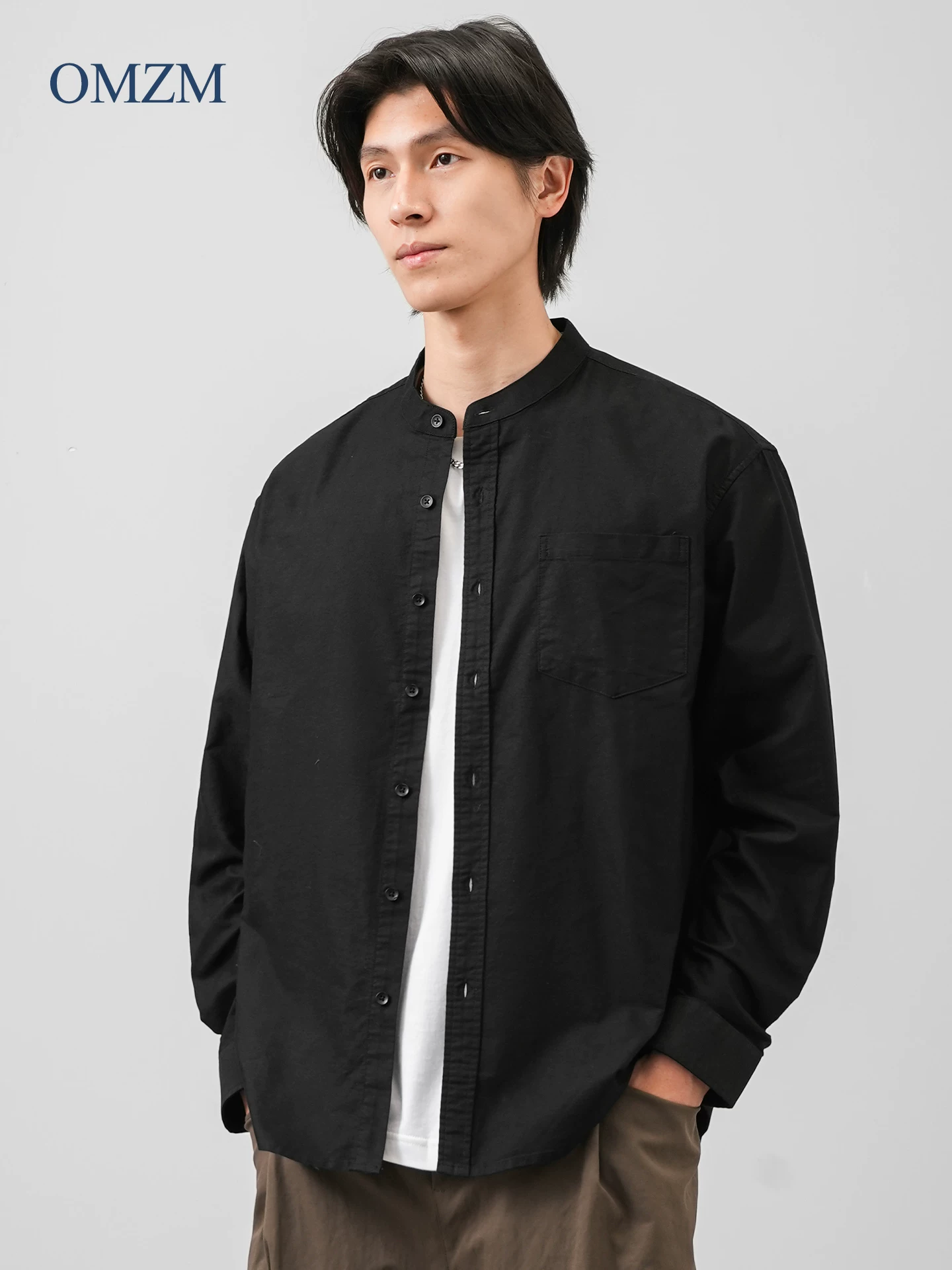 Áo sơ mi dài tay Oxford cotton nguyên chất hạng nặng OMZM dành cho nam, áo sơ mi trắng cổ đứng kiểu Trung Quốc mới mùa thu, áo khoác rộng