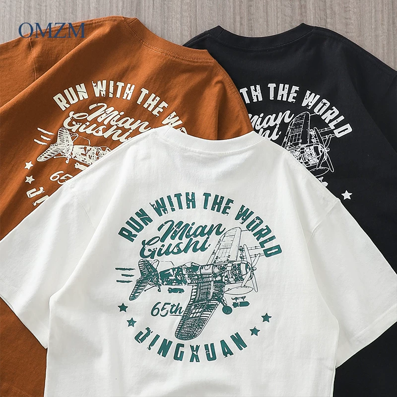 Áo thun nam cotton 100% chất lượng cao, tay ngắn, kiểu dáng rộng, cổ tròn, in họa tiết phong cách miền núi Mỹ cổ điển, mùa hè, size 400G