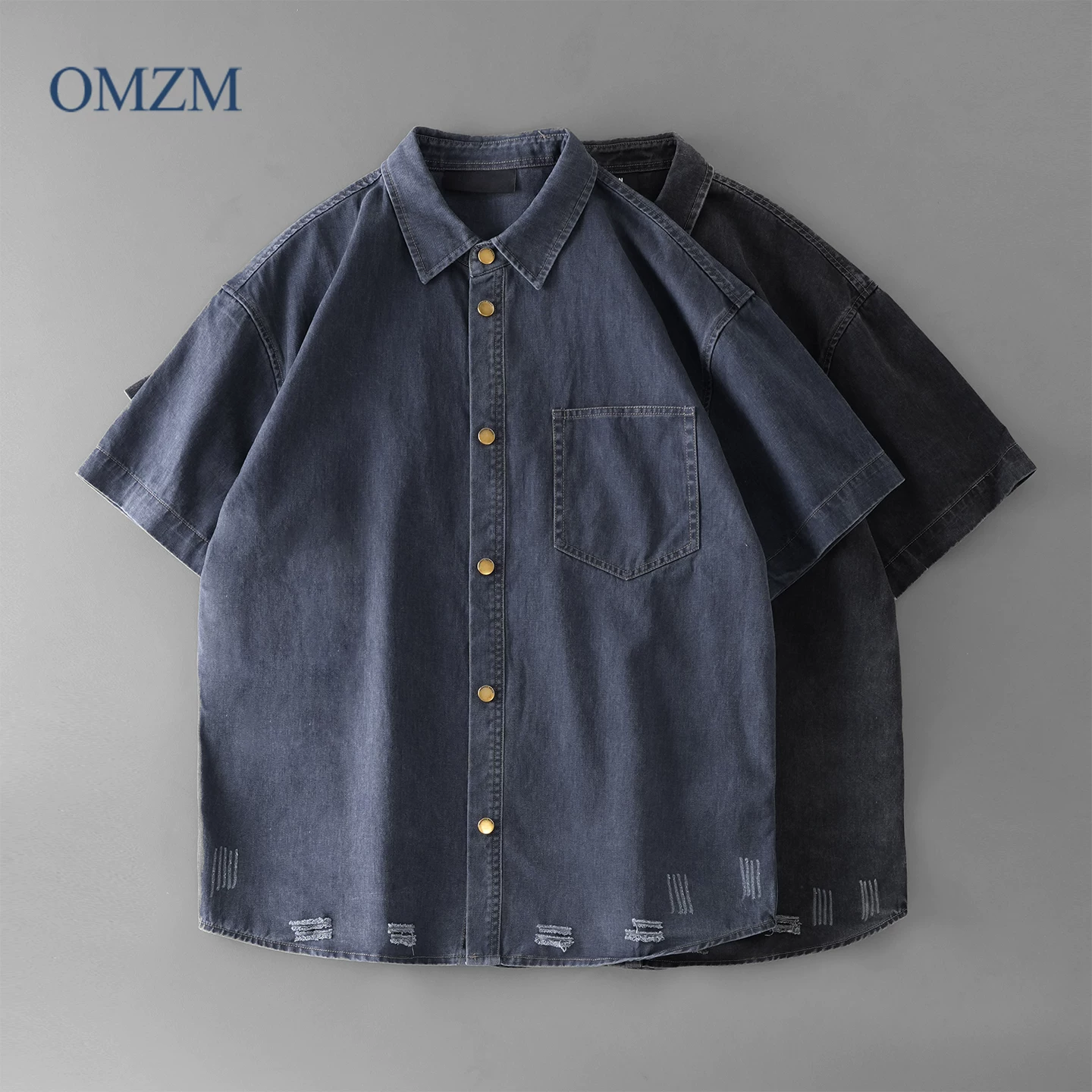 OMZM Áo sơ mi ngắn tay làm việc bằng vải cotton nguyên chất kiểu Mỹ dành cho nam, áo sơ mi cao cấp dáng rộng cổ điển mùa hè, áo khoác sơ mi đã giặt