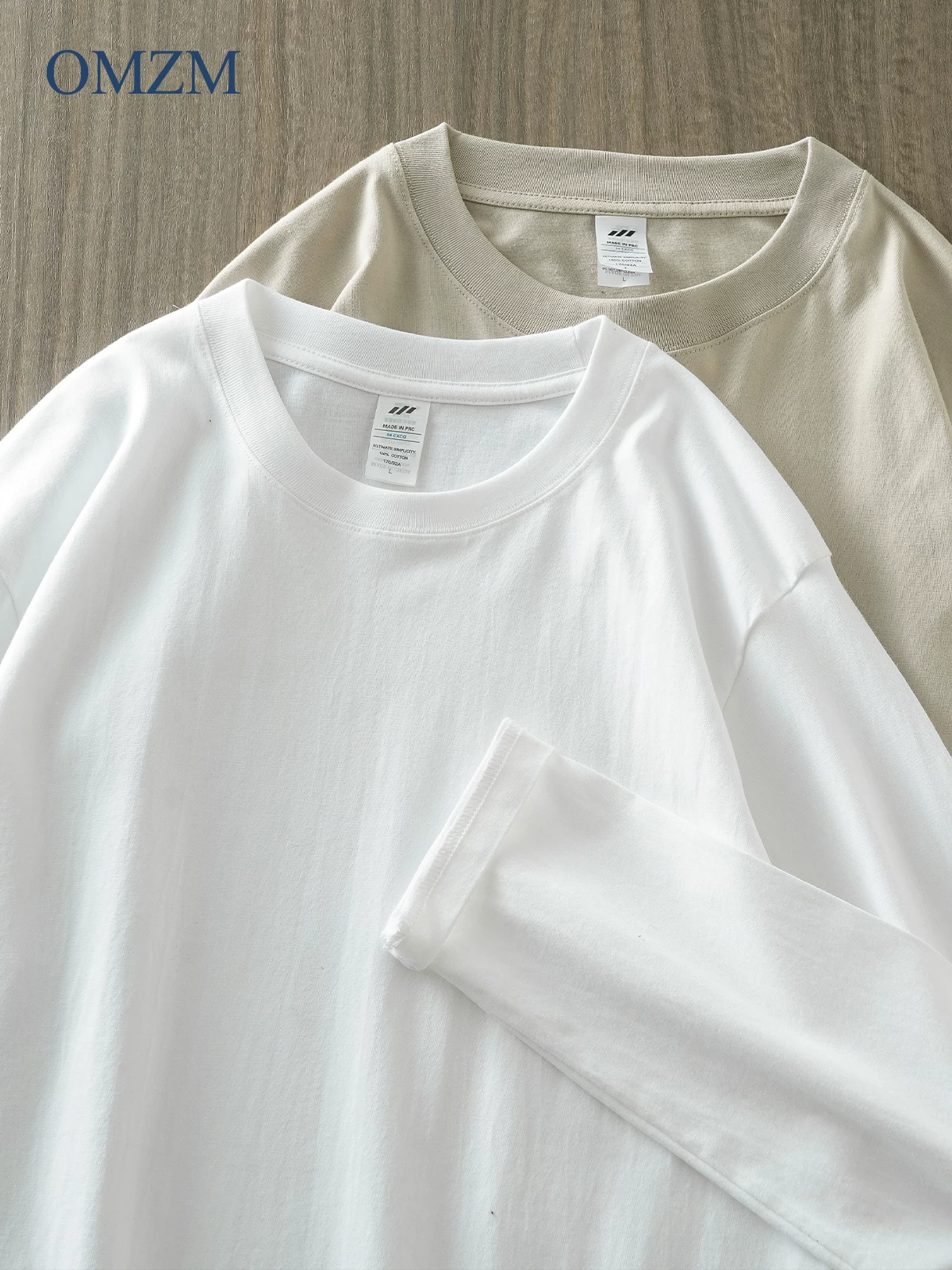 OMZM Áo thun dài tay bằng cotton nguyên chất hạng nặng 230G phong cách Mỹ dành cho nam, áo sơ mi cổ tròn dáng rộng mùa xuân thu, áo chui đầu màu trơn