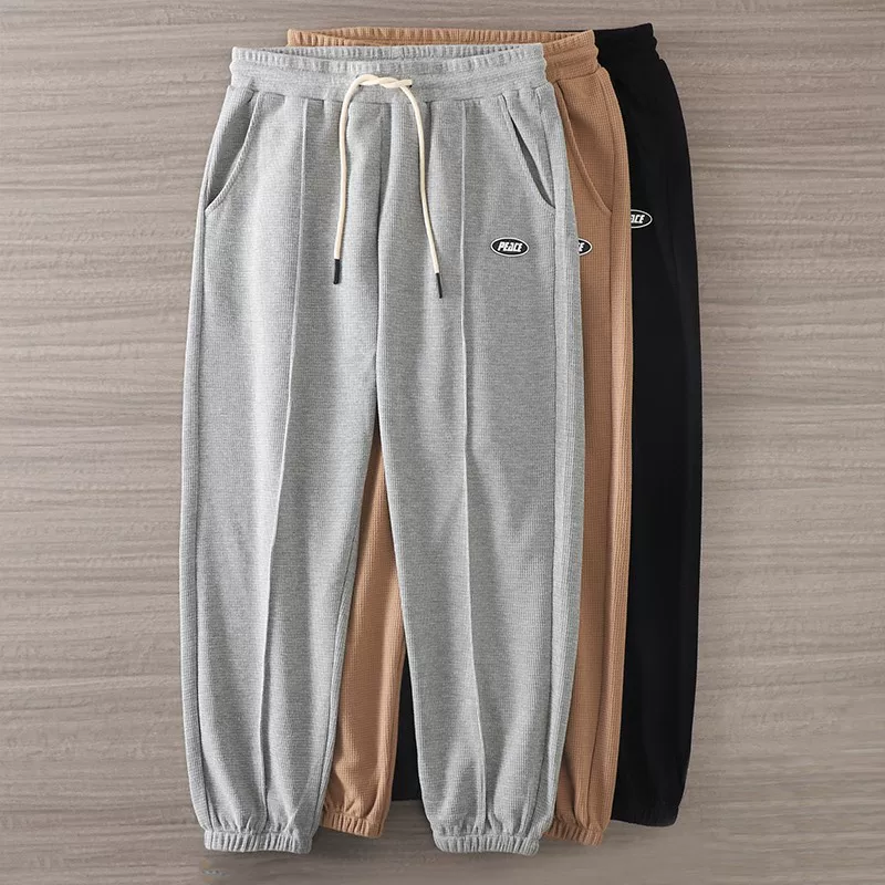 Quần thể thao kiểu waffle hạng nặng kiểu Mỹ dành cho nam, phong cách mùa thu, thời trang đường phố Trung Quốc, quần jogger rộng rãi, quần thể thao màu xám