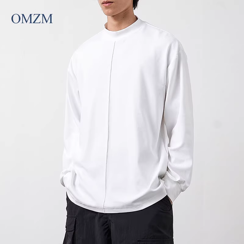 Áo thun cổ cao nửa cổ kiểu Mỹ OMZM 300G dành cho nam, áo nỉ hai mặt màu trơn mùa thu, áo sơ mi dài tay rộng rãi.