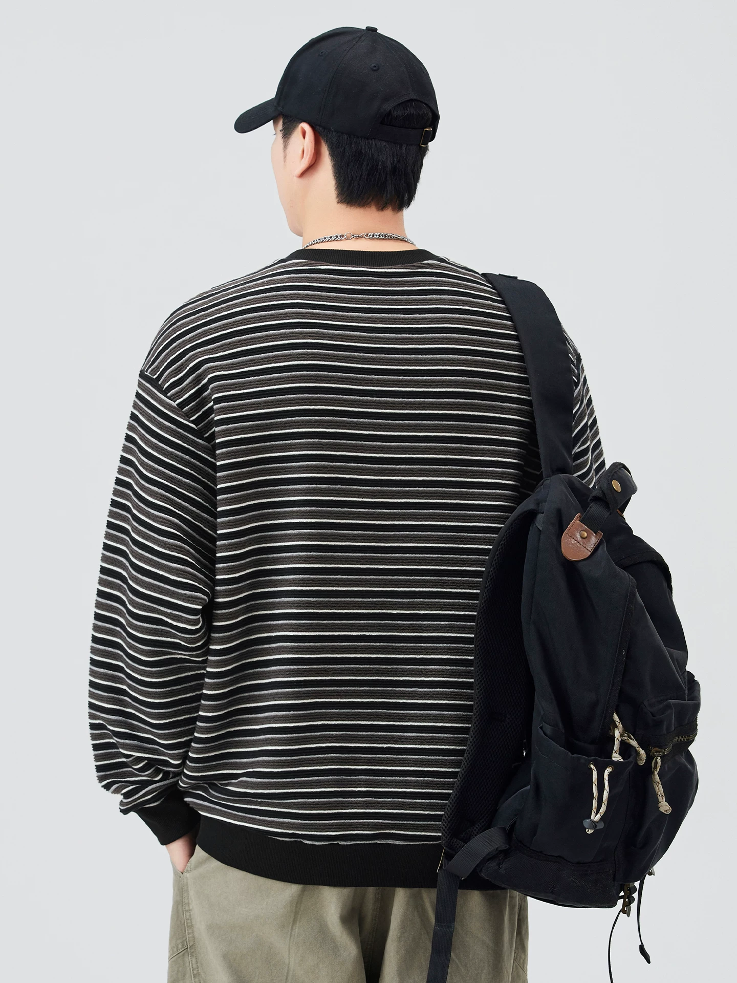 Áo nỉ cổ tròn sọc nặng ký OMZM350G dành cho nam, áo sơ mi dài tay phối màu cổ điển kiểu Mỹ mùa thu đông, áo khoác rộng