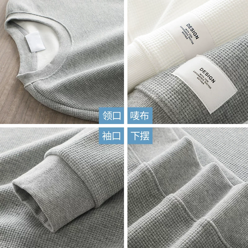 Áo len dệt kim kiểu waffle lót lông cừu hạng nặng kiểu Mỹ dành cho nam, áo sơ mi cổ tròn cổ tròn màu trơn mùa thu đông, áo khoác dày dặn ấm áp.