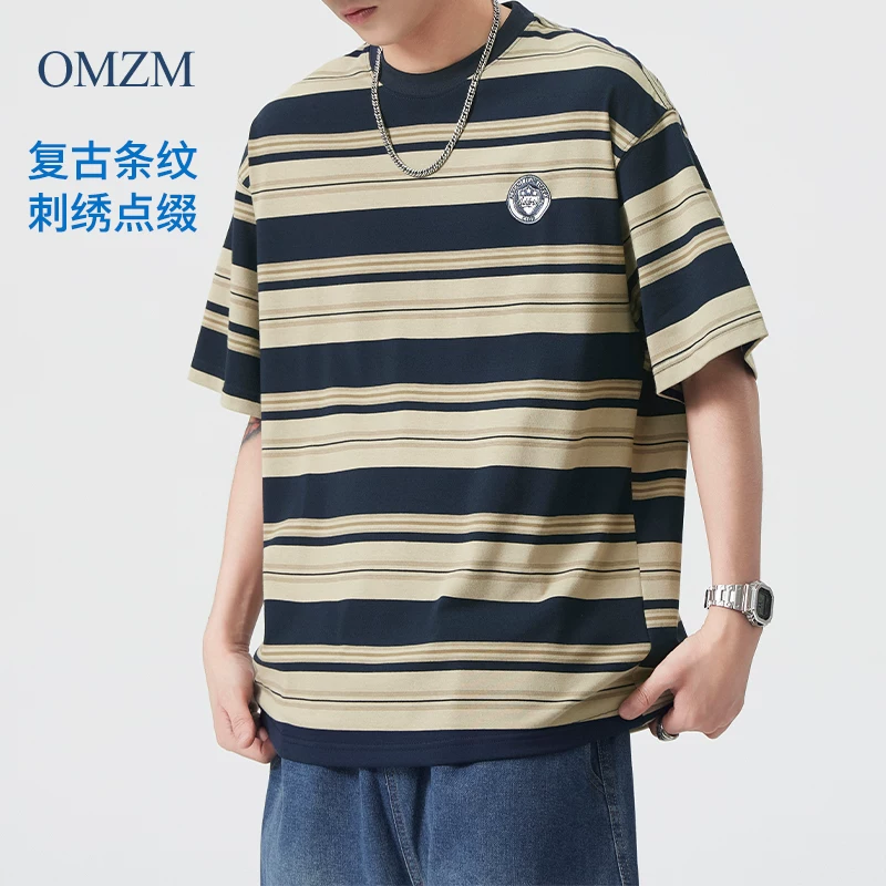 Áo thun ngắn tay sọc nặng 230G phong cách Mỹ OMZM dành cho nam, áo thun ngắn tay dáng rộng mùa hè phong cách hải quân thêu màu khối
