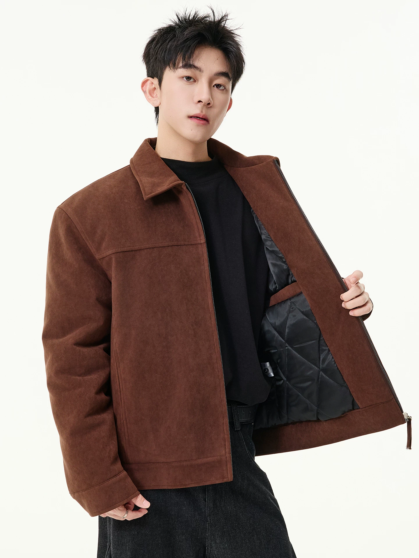 Áo khoác cotton da lộn kiểu Mỹ OMZM dành cho nam, phong cách cổ điển mùa đông, áo khoác cotton dày dặn và ấm áp với cổ áo lật và dáng rộng.