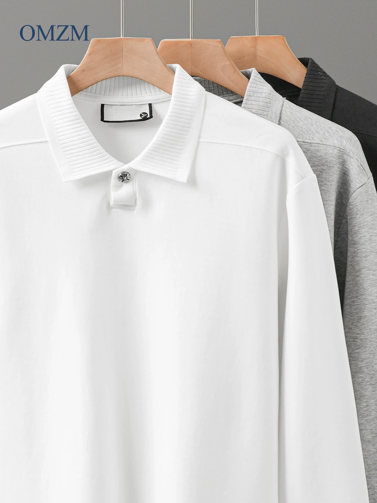 Áo polo nam OMZM kiểu tiền cổ điển, tay dài, chất dày dặn mùa thu, cổ trụ, áo sweatshirt cao cấp, phong cách thường ngày, màu trơn.