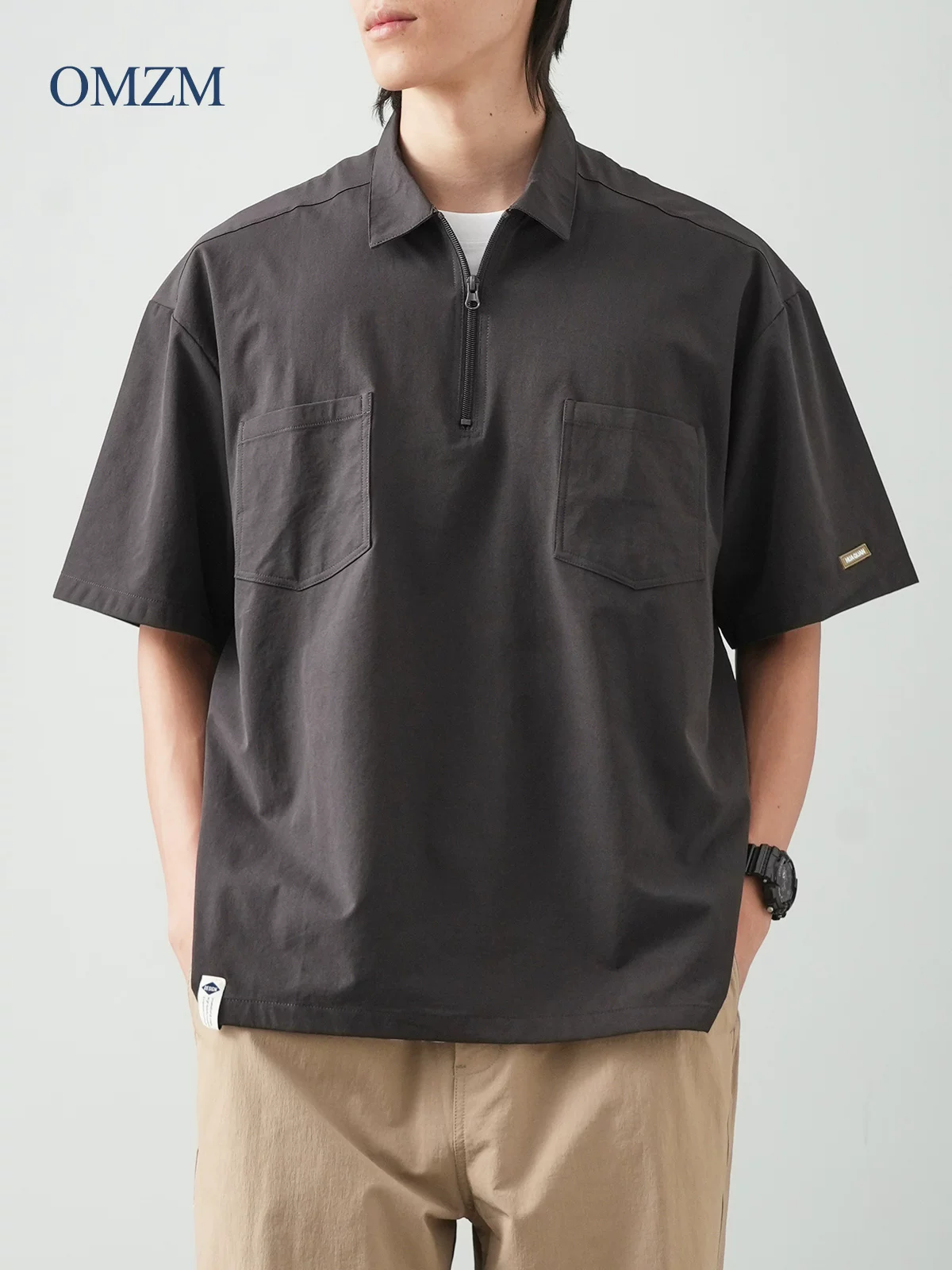 Áo sơ mi POLO chất liệu lụa đá OMZM nhanh khô, kiểu dáng mùa hè dành cho nam, phong cách núi non cổ điển, dáng rộng, có túi, tay ngắn