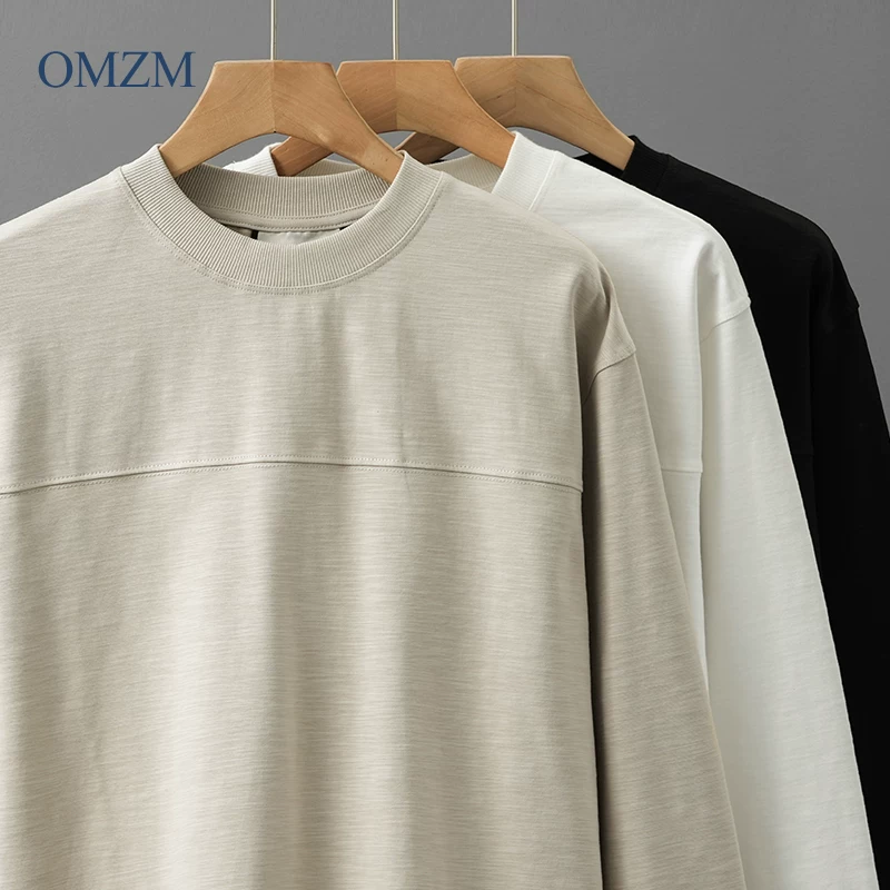 Áo thun dài tay bằng vải cotton tre hạng nặng OMZM320G dành cho nam, áo sơ mi lớp nền mỏng mùa xuân thu, áo len cổ tròn bằng cotton chải kỹ
