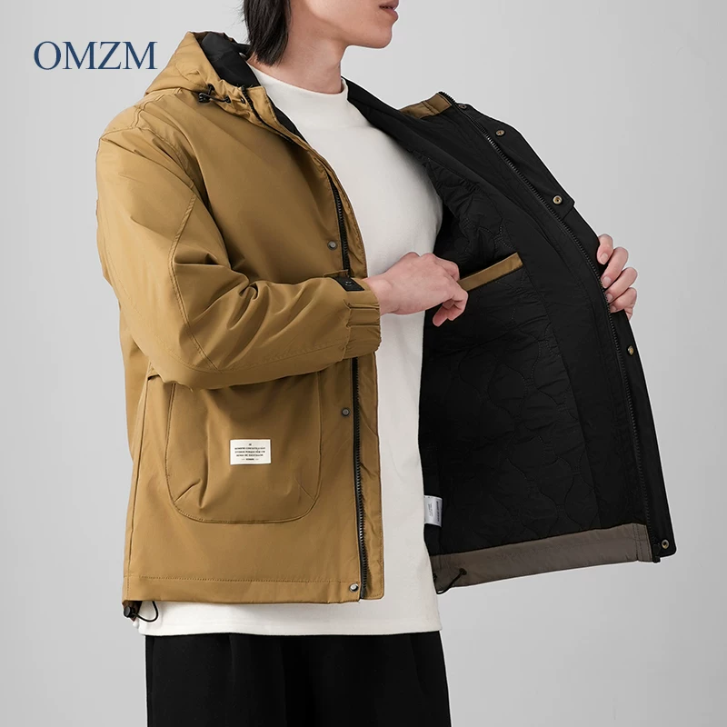 Áo khoác cotton OMZM nam mùa thu đông chần bông dày dặn ấm áp áo khoác cotton ba lớp chống thấm áo khoác ngoài trời áo khoác bảo hộ lao động có mũ trùm đầu