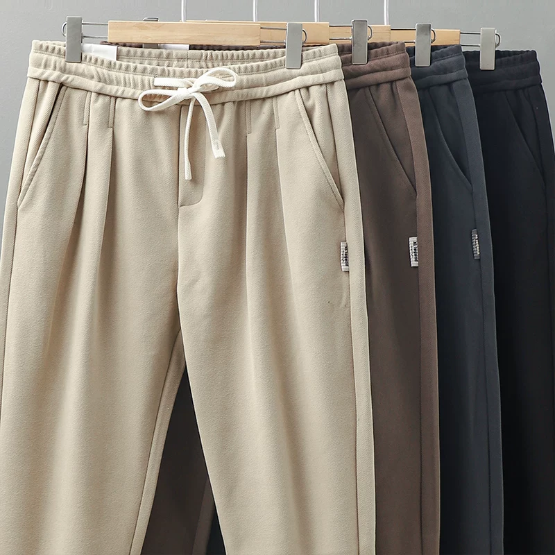 Quần âu nam chất liệu len dày kiểu Mỹ cổ điển OMZM, quần ống côn dày dặn mùa đông, quần âu dáng thẳng rộng rãi.