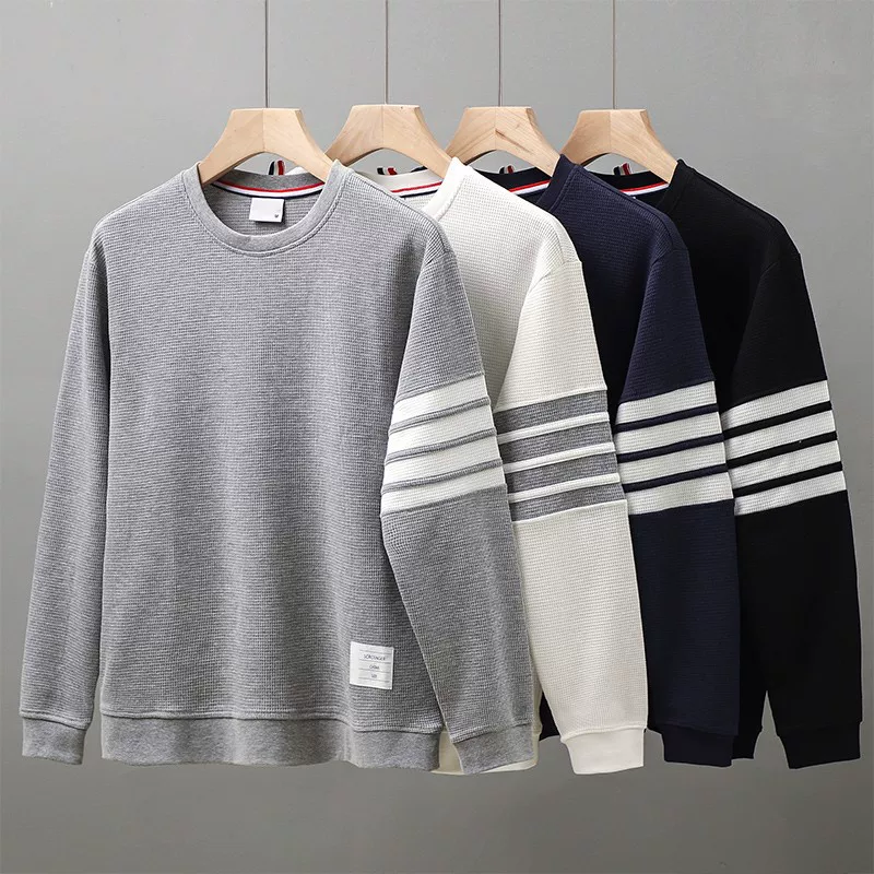 Áo len dệt kim cao cấp dành cho nam, mùa xuân và mùa thu, dáng rộng, áo khoác không mũ, phong cách Mỹ, áo sơ mi sọc dày bốn sọc.