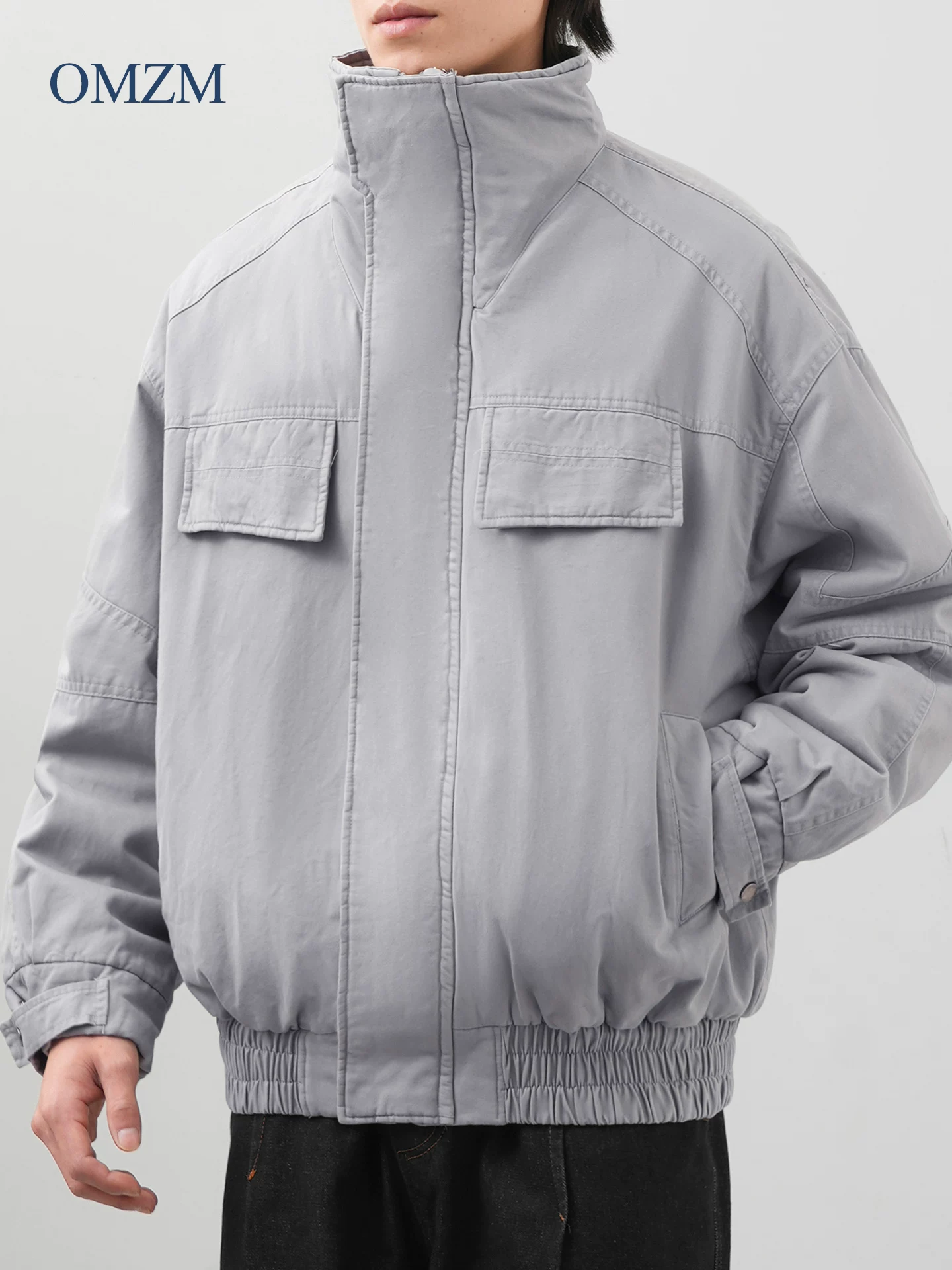 Áo khoác cotton cổ đứng lót lông cừu kiểu Mỹ của OMZM dành cho nam, áo khoác có khóa kéo chắp vá cổ điển mùa đông, áo khoác bảo hộ lao động ấm áp.