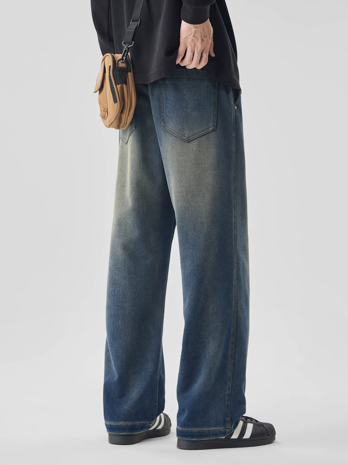 Quần jean xanh cổ điển OMZM dành cho nam, quần ống rộng dáng rộng mùa thu đông, quần công sở cổ điển giặt nặng kiểu Mỹ