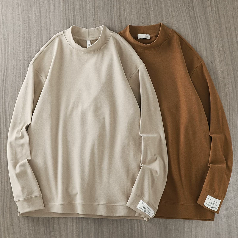 Áo thun dài tay hạng nặng 320G kiểu Mỹ dành cho nam, áo sơ mi cổ cao nửa cổ nhung Đức hai mặt mùa thu đông, áo nỉ cổ trung màu trơn dành cho nam.