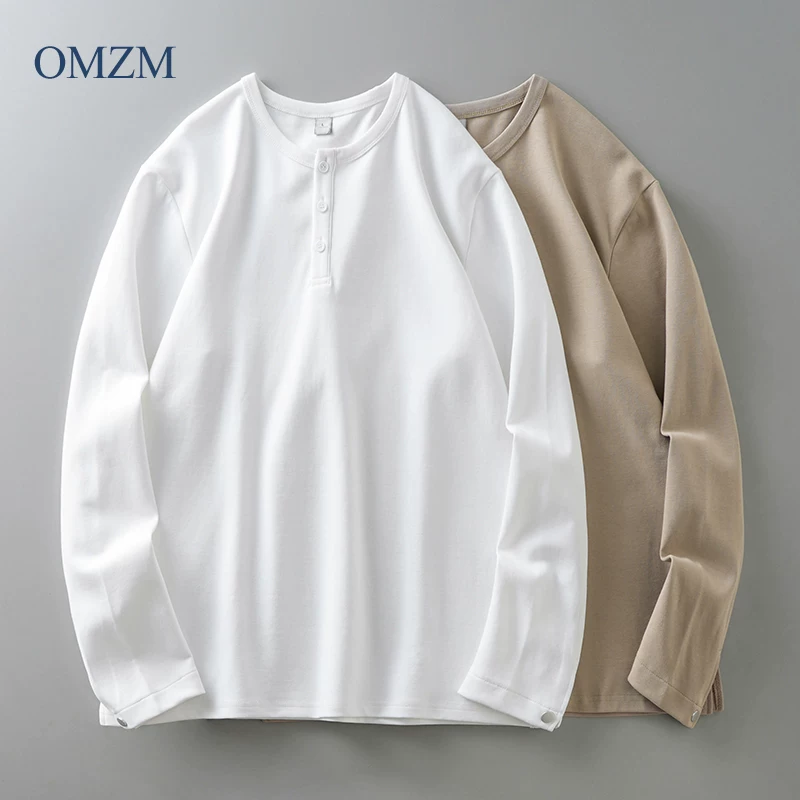 Áo thun nam tay dài cổ henley hạng nặng OMZM270G, áo henley màu trơn mùa xuân, áo thun cơ bản kiểu dáng gọn gàng của Mỹ.