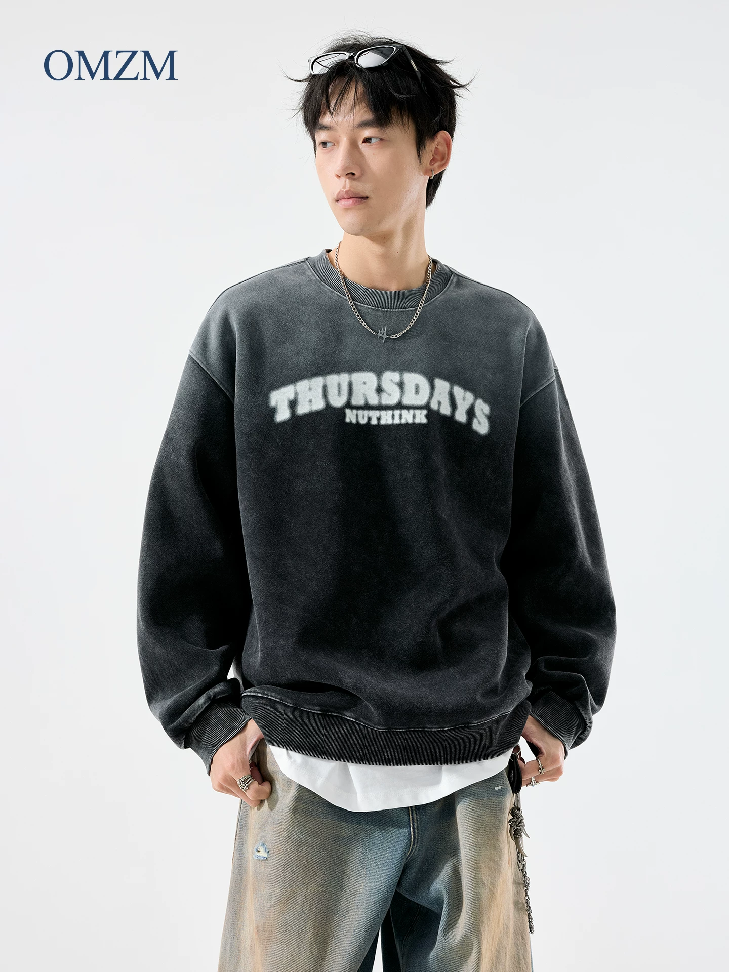 Áo nỉ batik hạng nặng OMZM400G dành cho nam, áo sơ mi cổ tròn in họa tiết gradient phong cách Mỹ mùa thu, áo khoác dài tay dáng rộng