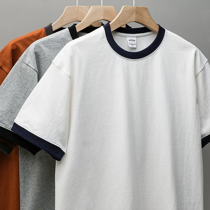 OMZM Áo thun ngắn tay bằng cotton nguyên chất hạng nặng 320g kiểu Mỹ dành cho nam và nữ, cổ áo phối màu mùa hè, vai thường, áo cơ bản, tay lửng.