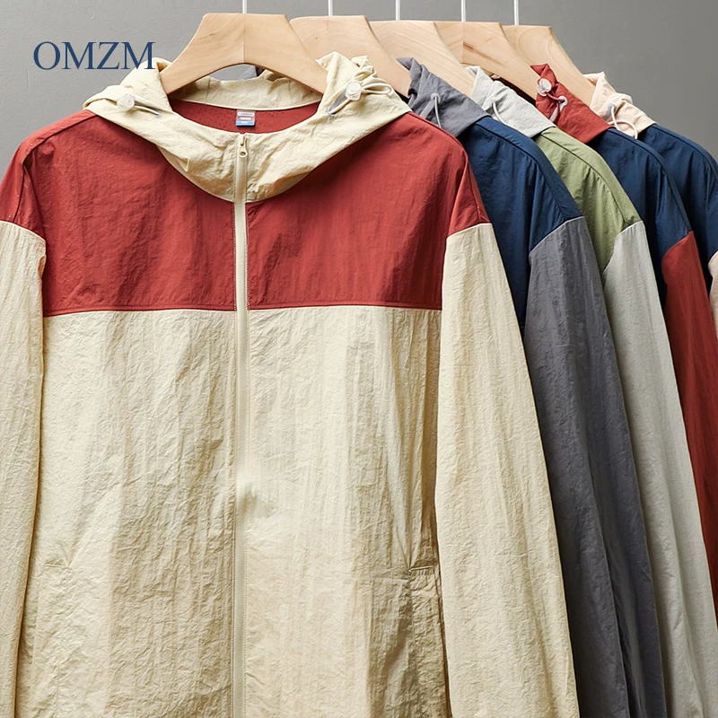 OMZMUPF50+ Quần áo chống nắng bằng lụa băng màu tương phản dành cho nam và nữ, áo khoác chống nước chống tia cực tím ngoài trời mùa hè
