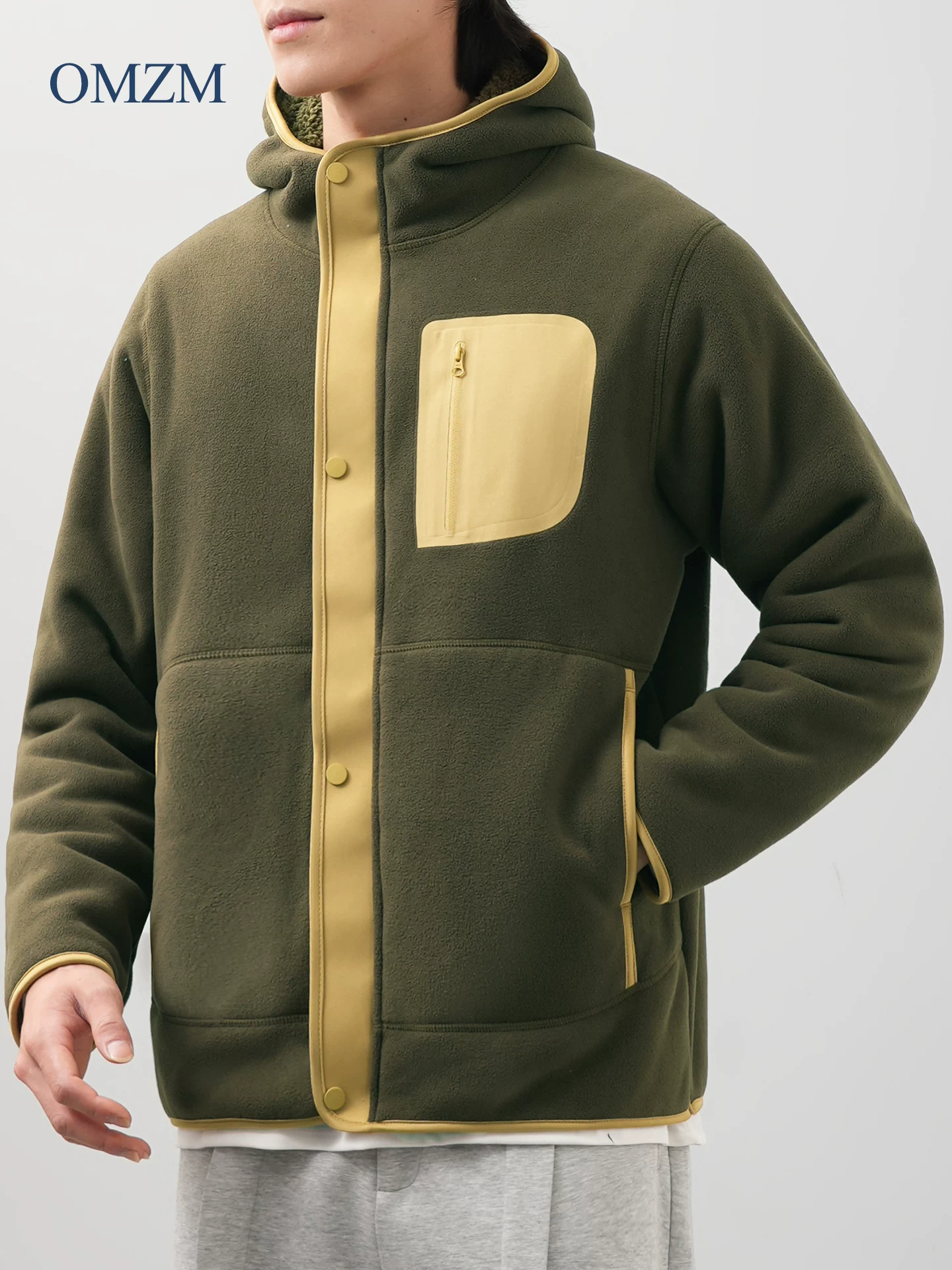 Áo khoác có mũ trùm đầu bằng lông cừu OMZM dành cho nam, áo len cardigan lông cừu dày dặn ấm áp mùa đông, áo khoác phối màu, quần áo lông cừu