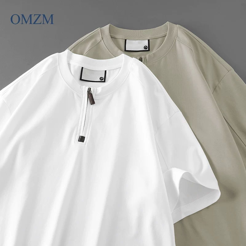 Áo thun nửa khóa kéo OMZM Modal ngắn tay dành cho nam mùa hè kiểu Mỹ dáng rộng chống nhăn cổ tròn nửa tay áo thun màu trơn
