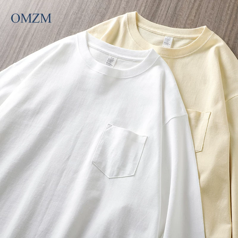 Áo thun cotton nguyên chất hạng nặng 300G dành cho nam, áo len cổ tròn dài tay phong cách retro Nhật Bản, áo sơ mi lớp nền màu trơn mùa xuân và mùa thu.