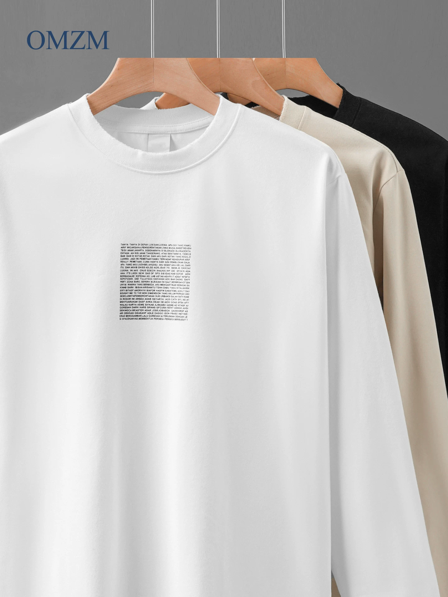 Áo thun dài tay in chữ nặng OMZM dành cho nam, áo sơ mi màu trắng mùa thu, áo chui đầu cổ tròn cổ điển kiểu Mỹ để mặc nhiều lớp.