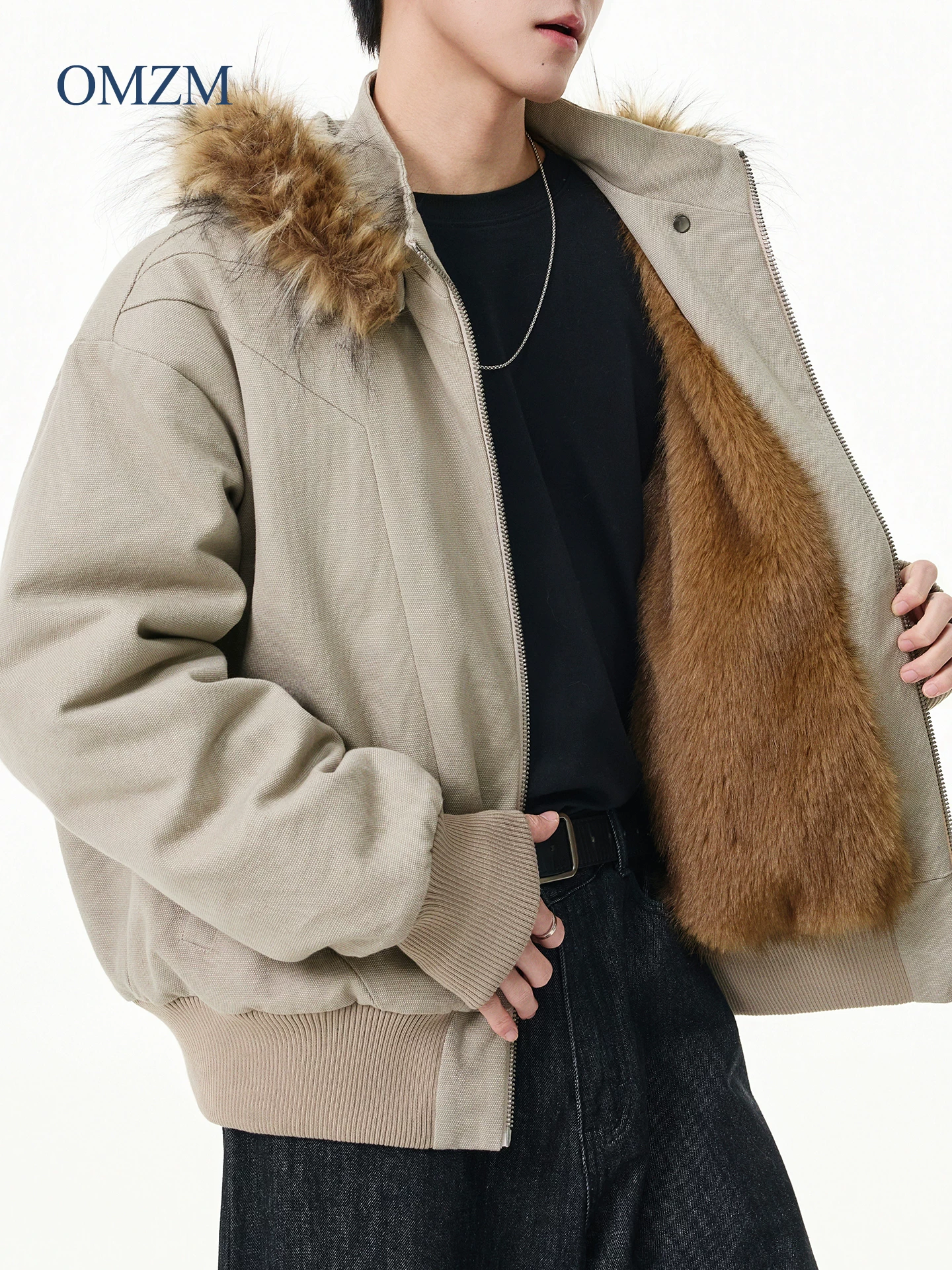Áo khoác nam OMZM có cổ lông dày, áo khoác phao giữ ấm lót lông cừu mùa đông, áo khoác có khóa kéo phong cách đường phố cá tính
