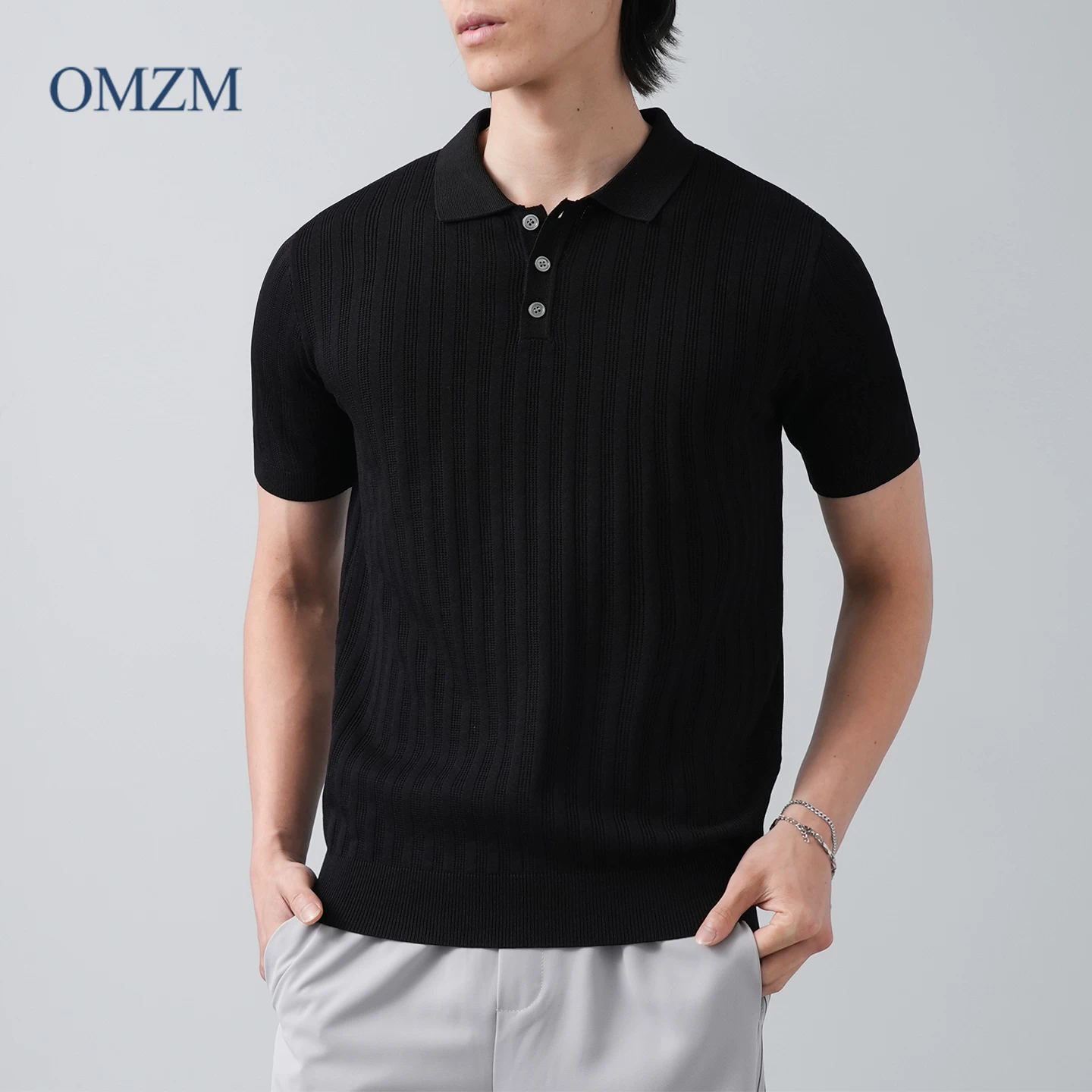 Áo sơ mi POLO ngắn tay dệt kim dọc OMZM dành cho nam, mùa hè phong cách Mỹ, kiểu dáng rộng, phong cách tiền cổ, màu trơn, áo thun nửa tay