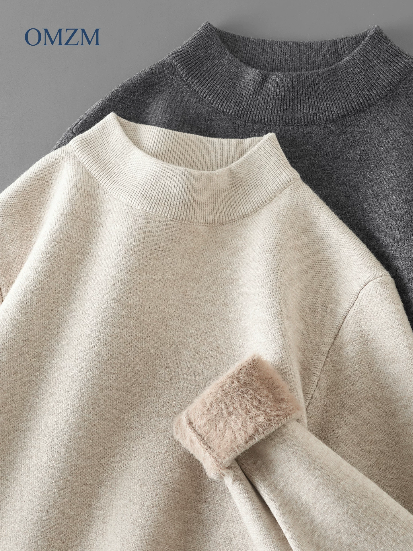 Áo len lông cừu hạng nặng OMZM dành cho nam, áo len dệt kim cổ lọ nửa cổ kiểu Mỹ cổ điển mùa đông, dày dặn và ấm áp, áo sơ mi màu trơn.