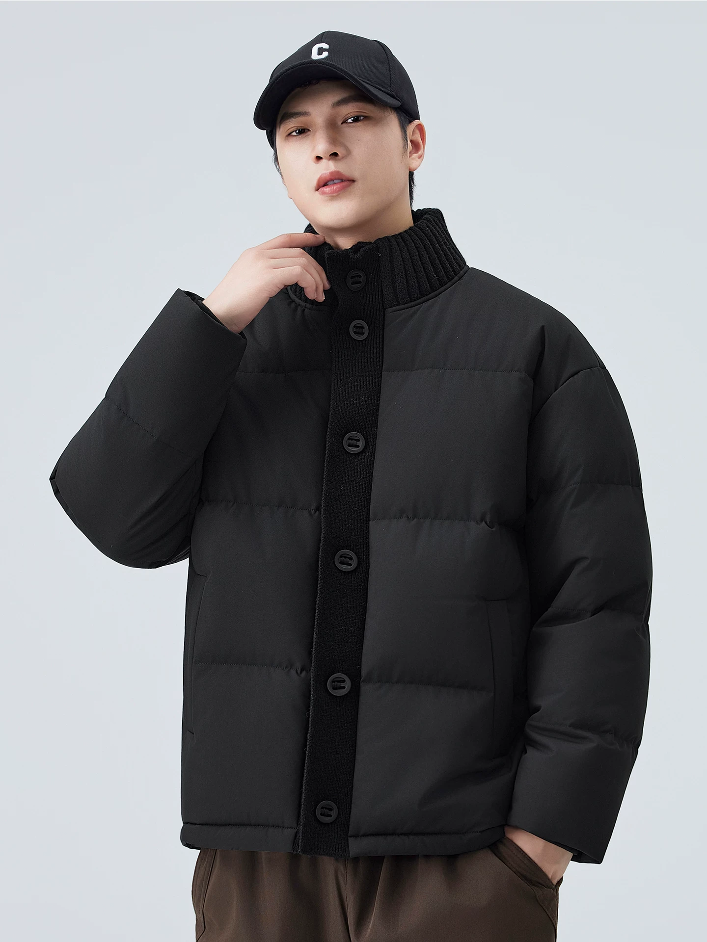 Áo khoác cotton cổ đứng dày OMZM dành cho nam, áo khoác phao ấm áp dệt kim chắp vá mùa đông, áo khoác cotton dáng rộng cổ điển kiểu Mỹ.