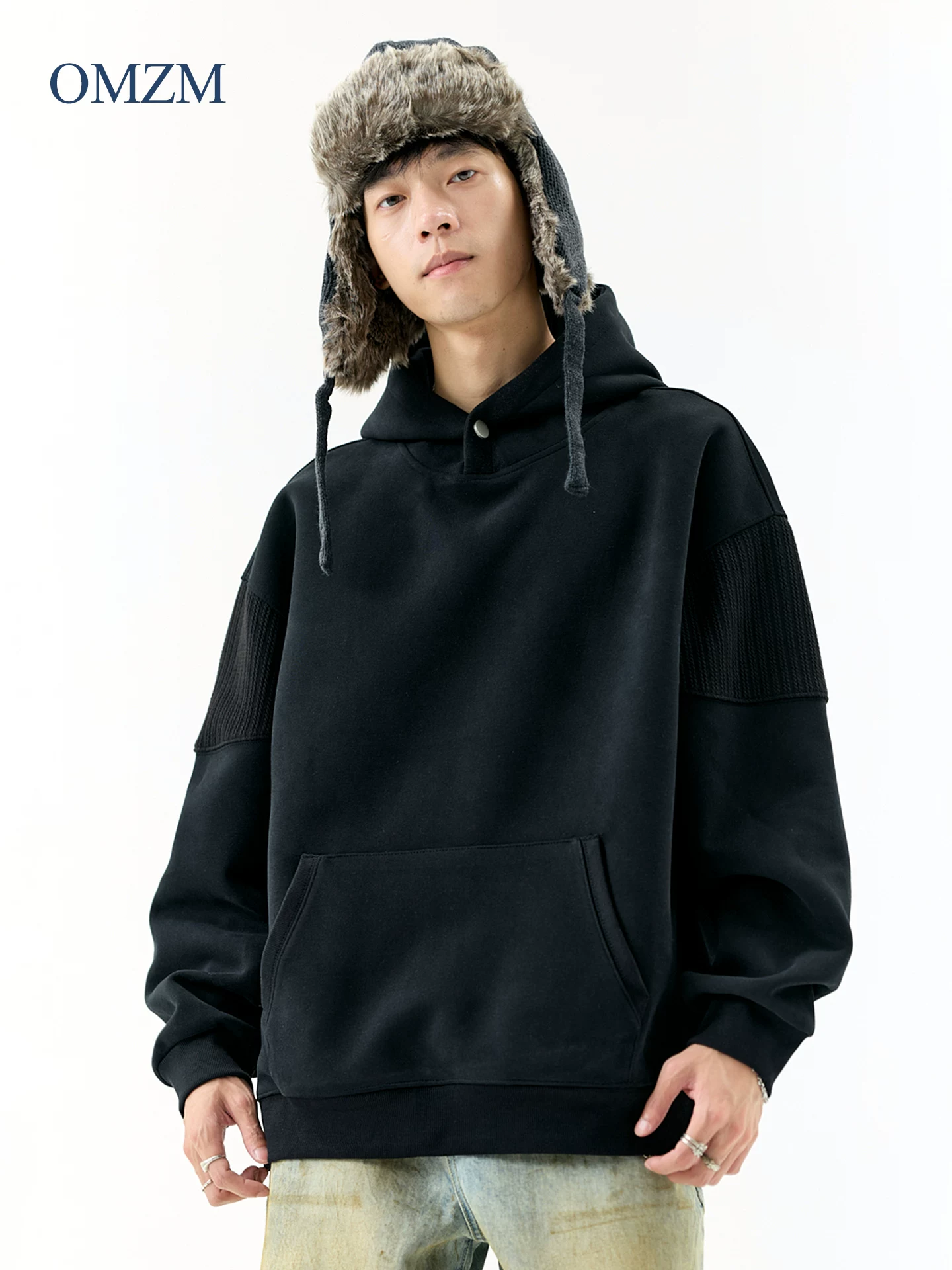 Áo hoodie có mũ trùm đầu hạng nặng OMZM340G dành cho nam, phong cách đường phố cao cấp của Mỹ mùa thu, áo hoodie thể thao dài tay phối màu chắp vá.