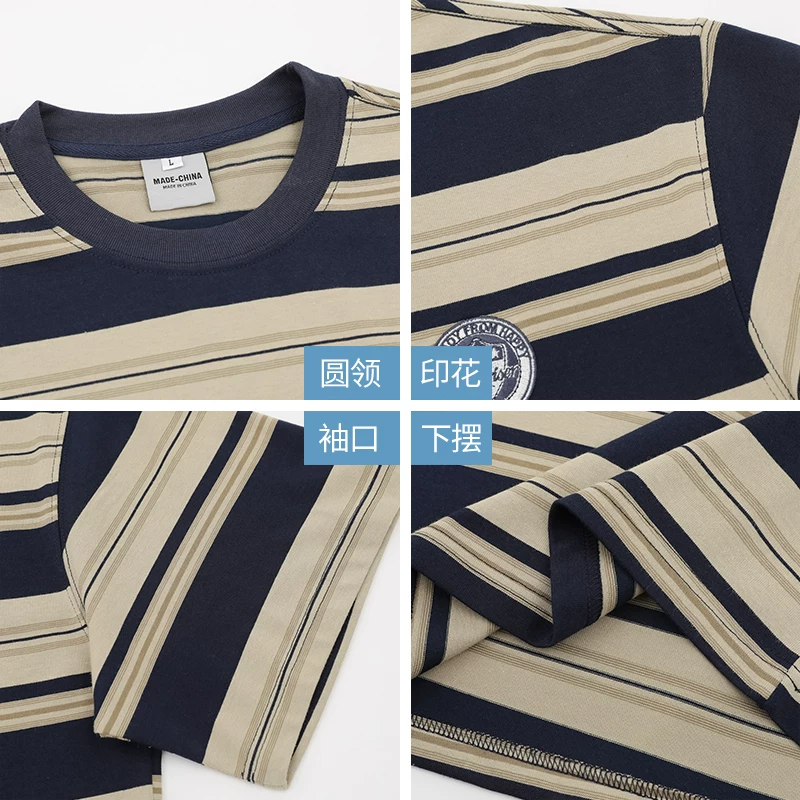 Áo thun ngắn tay sọc nặng 230G phong cách Mỹ OMZM dành cho nam, áo thun ngắn tay dáng rộng mùa hè phong cách hải quân thêu màu khối